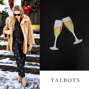 NWT New Years Champagne Glass RSVP by Talbots Jacquard Black/Gold Satin Pants 14